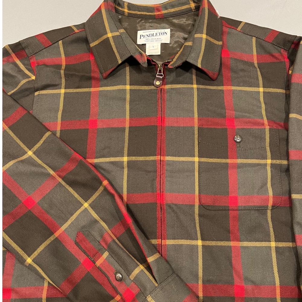 90s Pendleton Plaid Zip Up Rider Shirt Mens Large 100% Wool Olive Red Gold